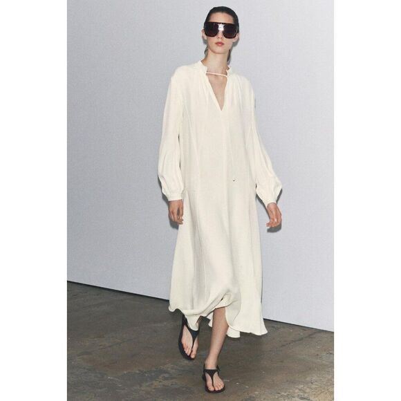 Zara Dresses & Skirts - Zara Womens Long Kaftan Dress XS Oyster White V-Neck Drawstring 3276/235 NWT